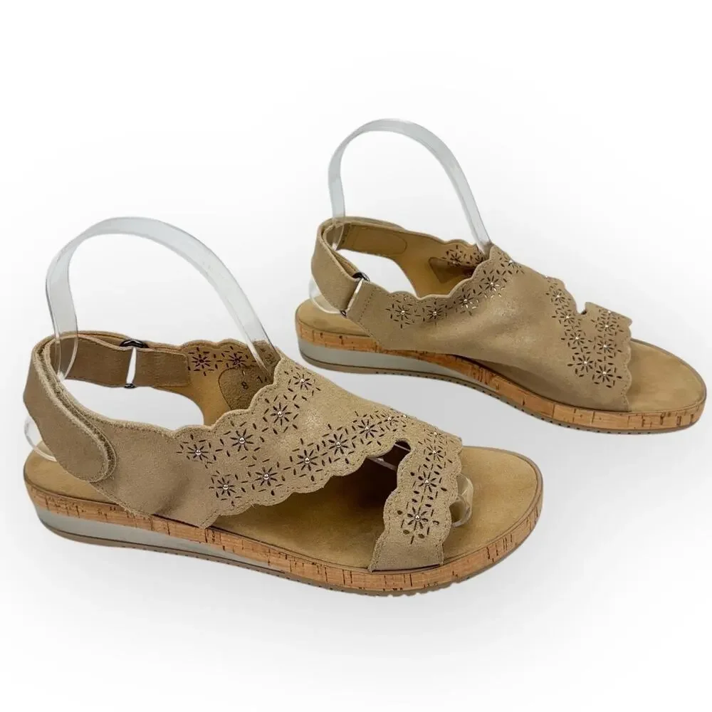 Sesto Meucci Sandals 8.5 Tan Suede Laser Cut‎ Floral Studded Wedge Boho Italian